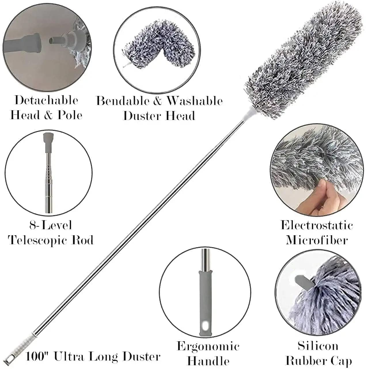 Upgraded Long Handle Microfiber Feather Ceiling Duster for Dust Cleaning Extendable Pole 30-100 Inch for Cleaning High Cobweb Stick High Ceiling Fan - Stainless Steel,Grey GenzVybs